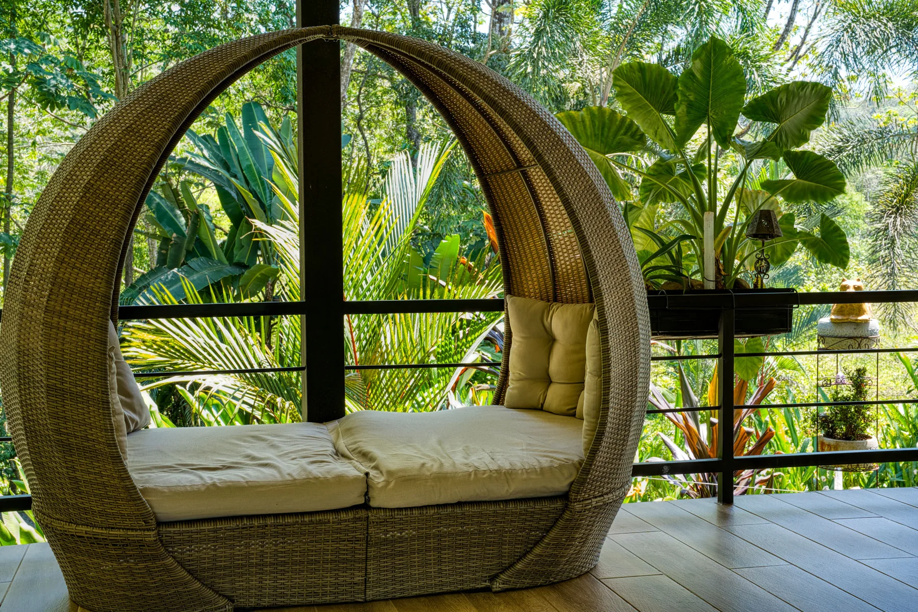 A round daybed over the gardens