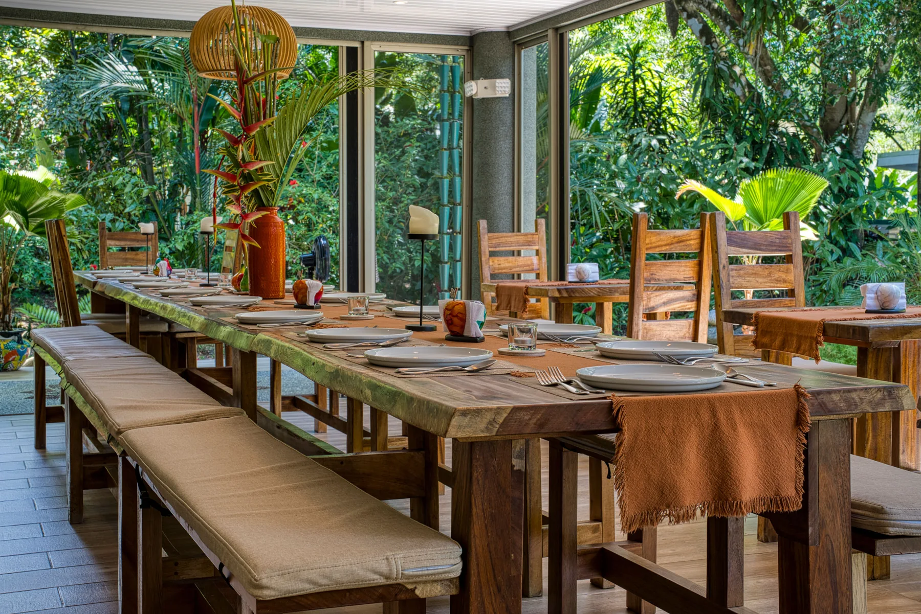 The dining table set for a group meal