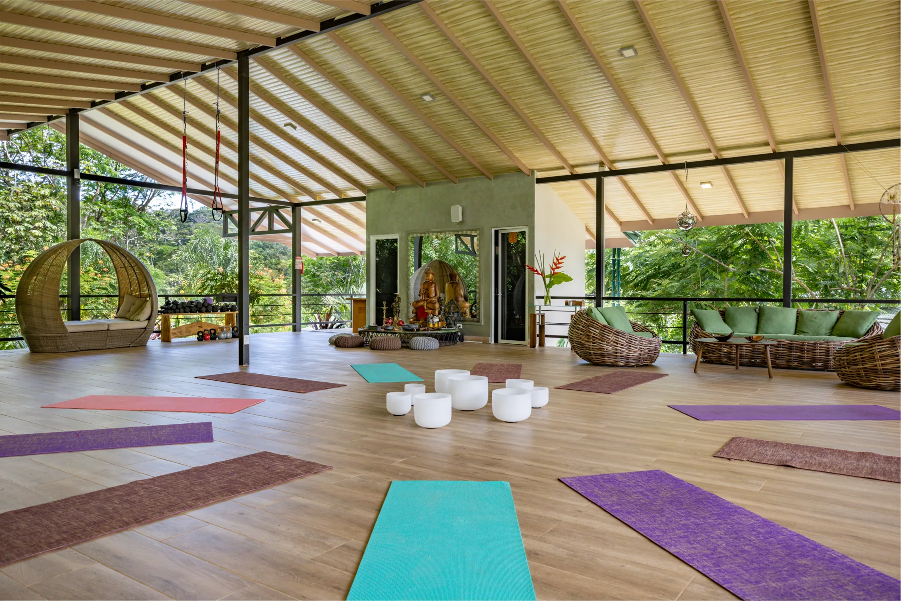 Mats and sound bowls in the Yoga Chalet